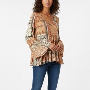 New Saints & Hearts Large Orange Gray Boho Ruffle Hem Festival Stretch Blouse